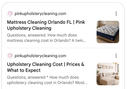 Google AI Overview citing two Pink Upholstery Cleaning pages on Orlando mattress cleaning cost