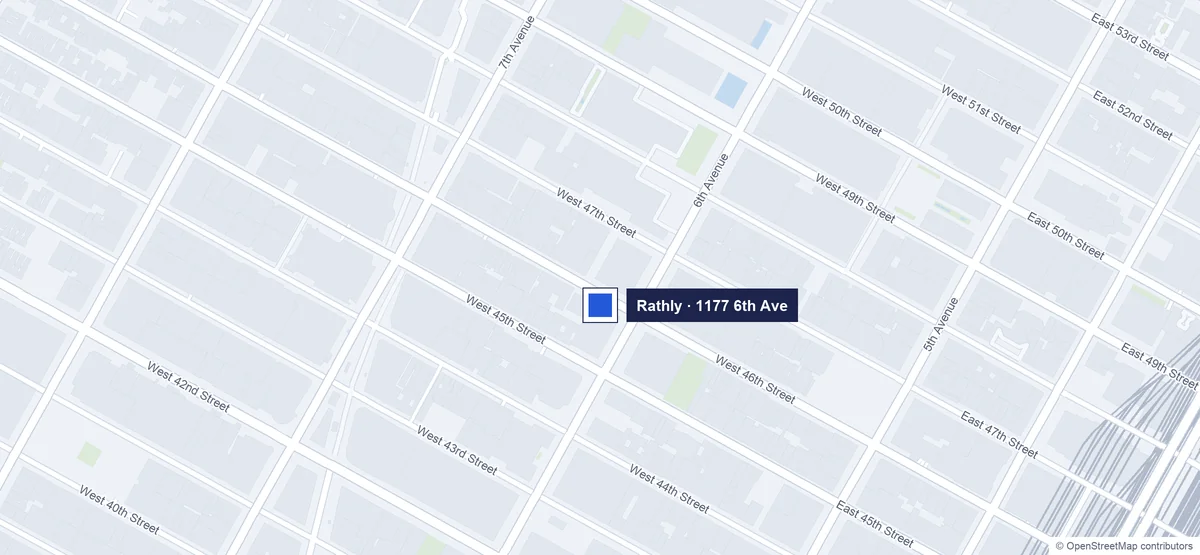 Map of the Rathly office at 1177 6th Ave in Midtown Manhattan