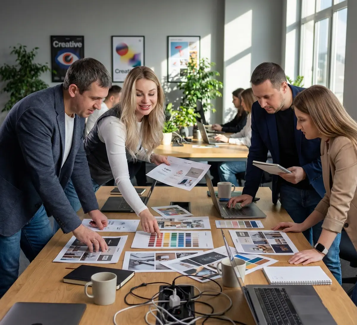 Rathly team reviewing printed website moodboards in the New York office