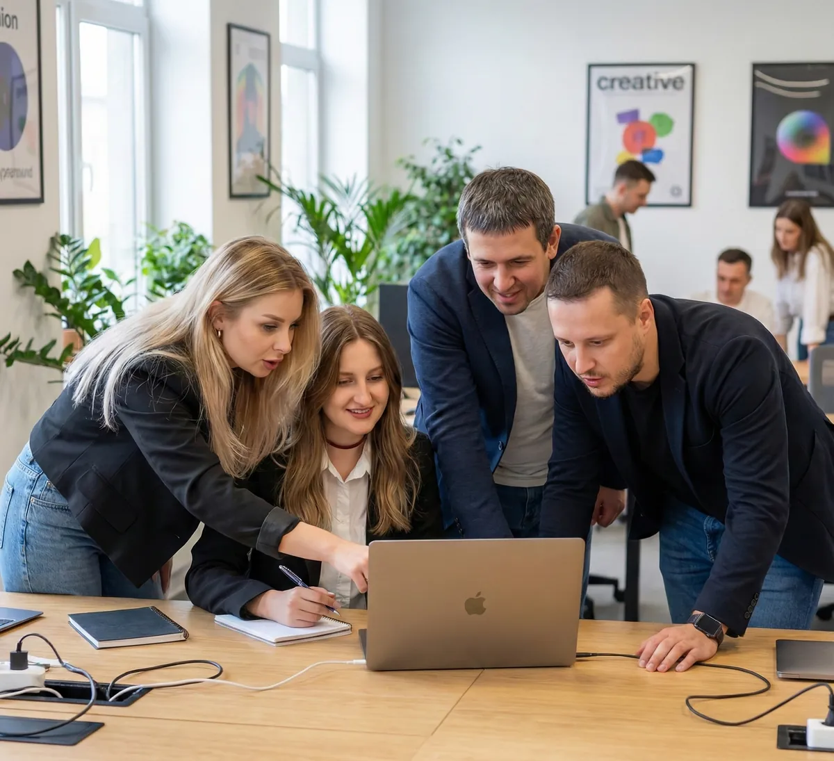 Rathly team gathered around a laptop, taking notes on a client project in the San Francisco office